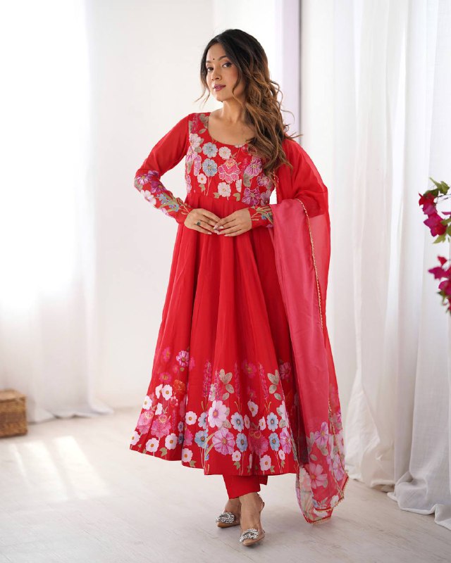 Red Pure Soft Organja Silk Flower Position Outing Work Salwar Suit