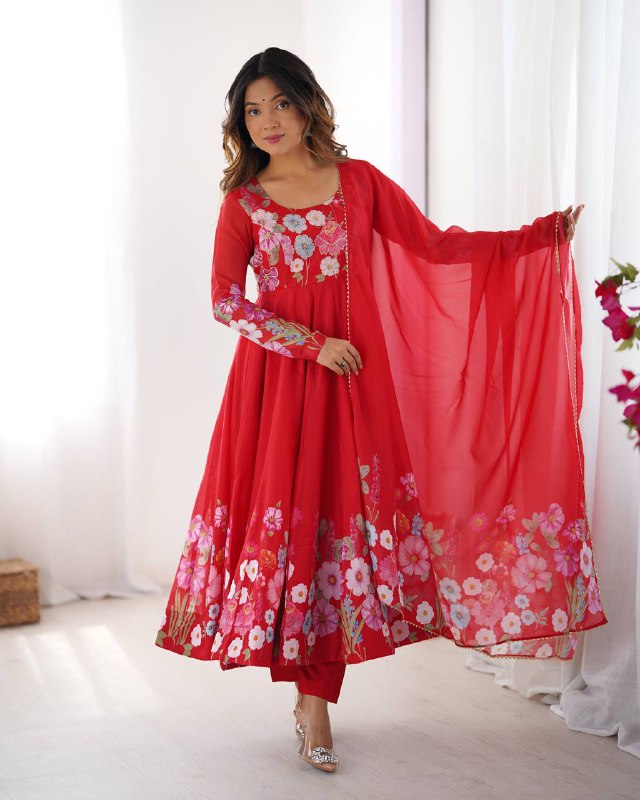 Red Pure Soft Organja Silk Flower Position Outing Work Salwar Suit