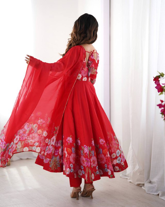 Red Pure Soft Organja Silk Flower Position Outing Work Salwar Suit