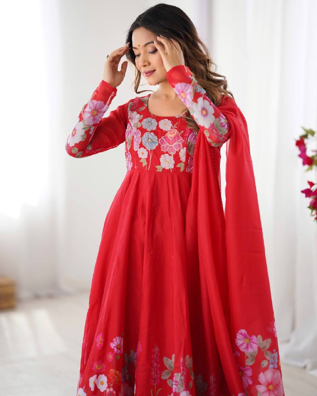 Red Pure Soft Organja Silk Flower Position Outing Work Salwar Suit