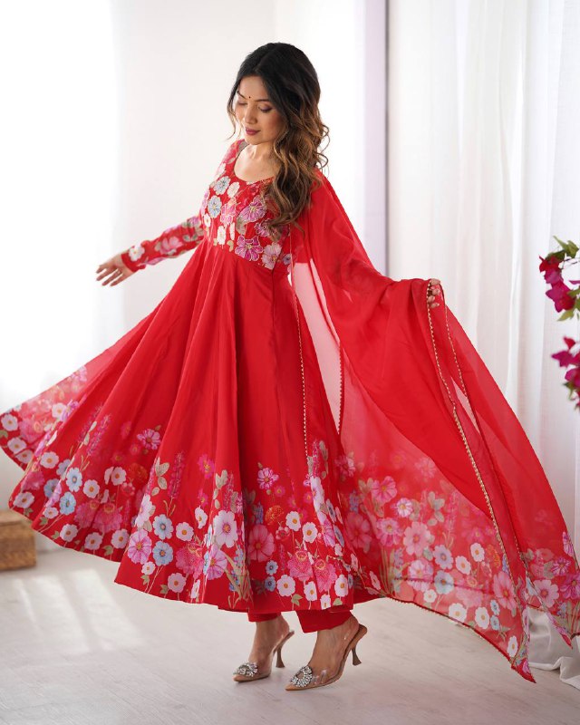 Red Pure Soft Organja Silk Flower Position Outing Work Salwar Suit