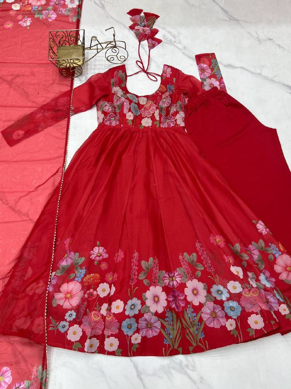 Red Pure Soft Organja Silk Flower Position Outing Work Salwar Suit