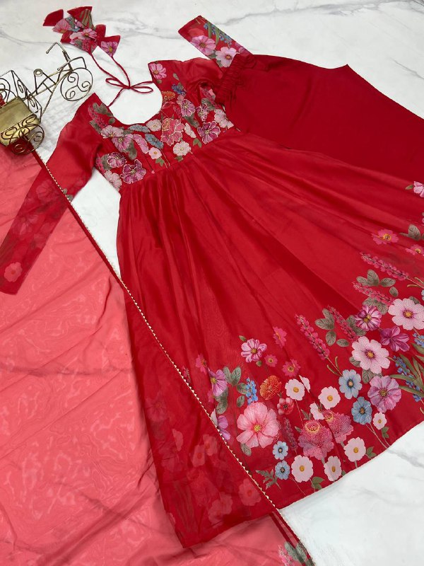 Red Pure Soft Organja Silk Flower Position Outing Work Salwar Suit