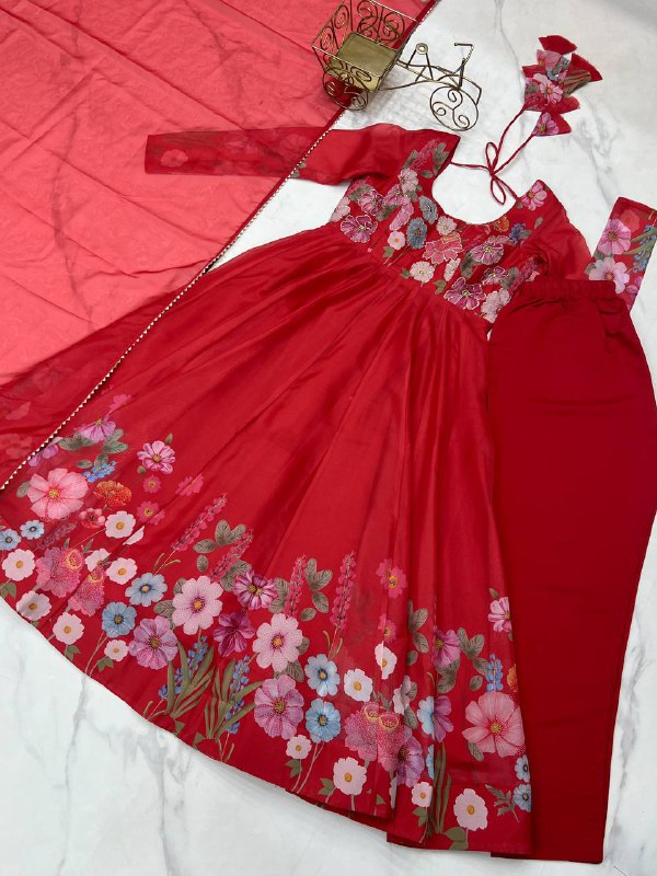 Red Pure Soft Organja Silk Flower Position Outing Work Salwar Suit