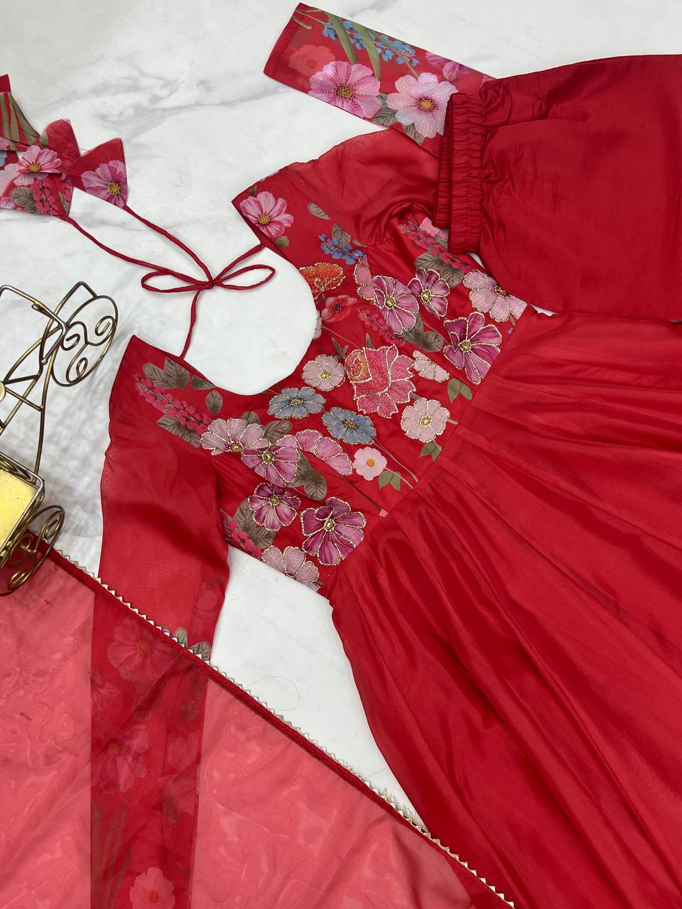 Red Pure Soft Organja Silk Flower Position Outing Work Salwar Suit