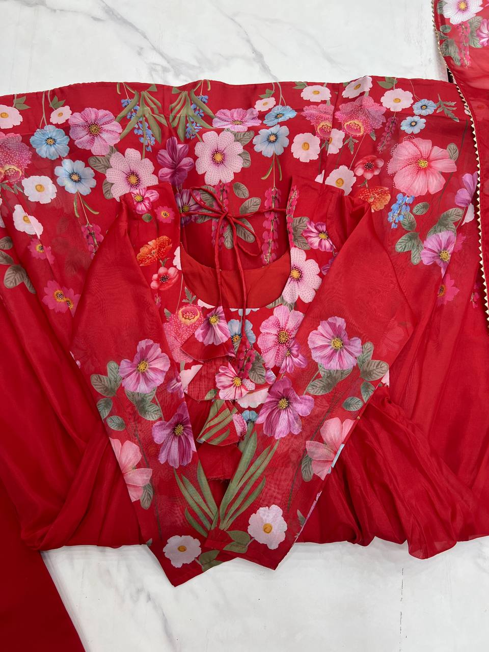 Red Pure Soft Organja Silk Flower Position Outing Work Salwar Suit
