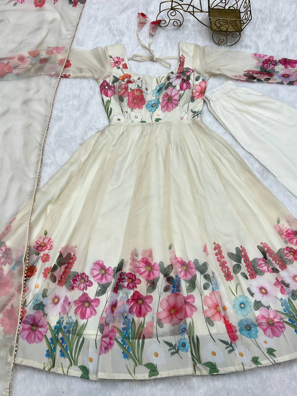 Cream Pure Soft Organja Silk Flower Position Outing Work Salwar Suit