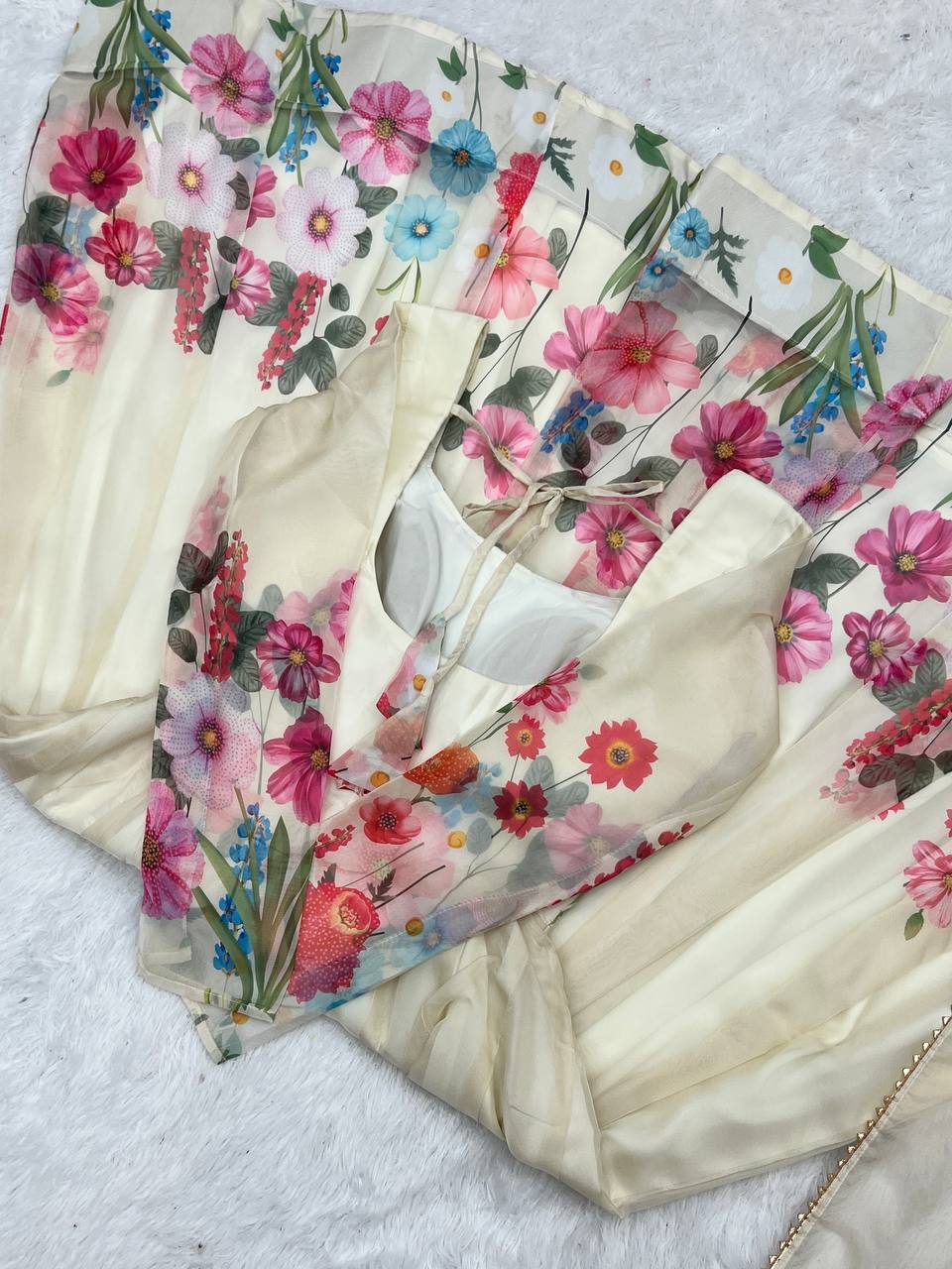 Cream Pure Soft Organja Silk Flower Position Outing Work Salwar Suit