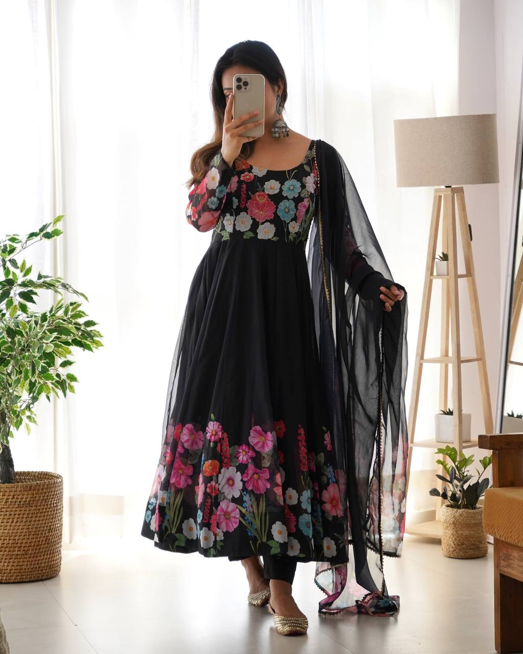 Black Pure Soft Organja Silk Flower Position Outing Work Salwar Suit