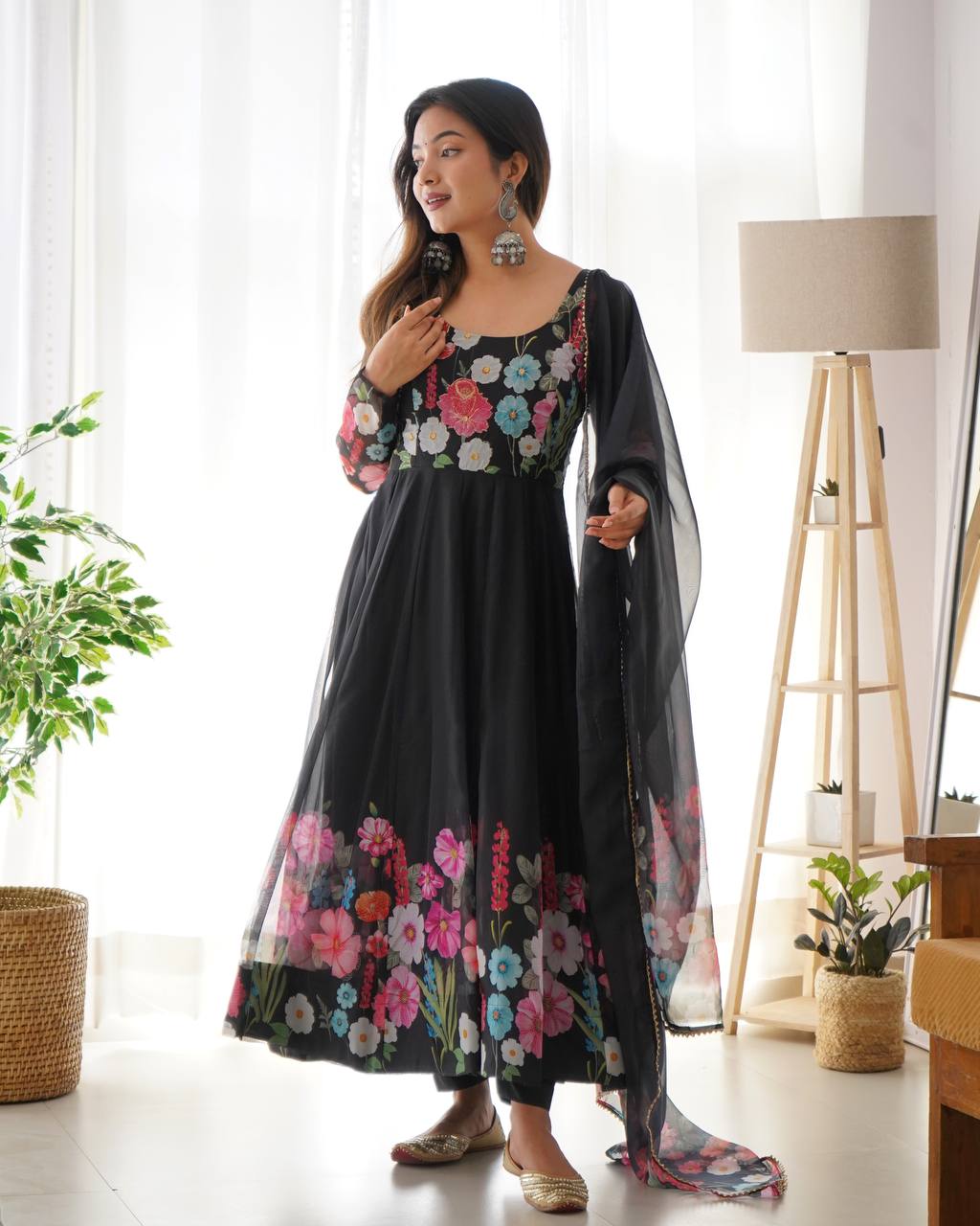 Black Pure Soft Organja Silk Flower Position Outing Work Salwar Suit