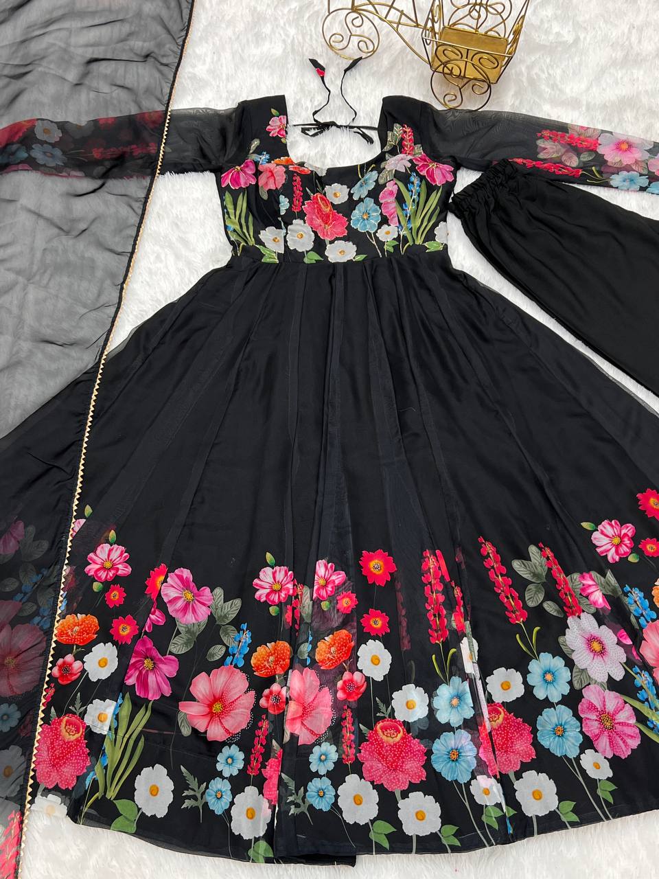 Black Pure Soft Organja Silk Flower Position Outing Work Salwar Suit
