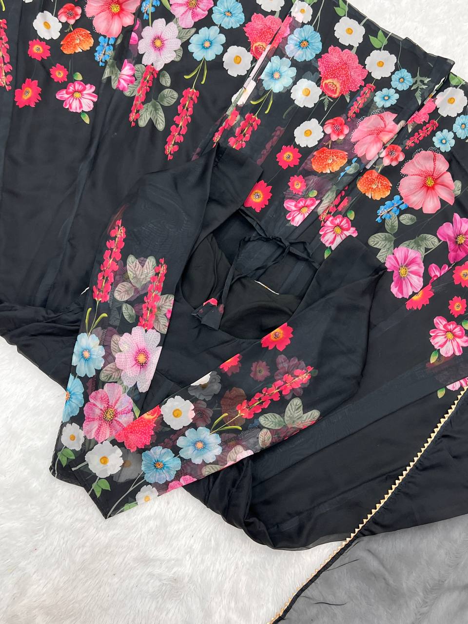 Black Pure Soft Organja Silk Flower Position Outing Work Salwar Suit