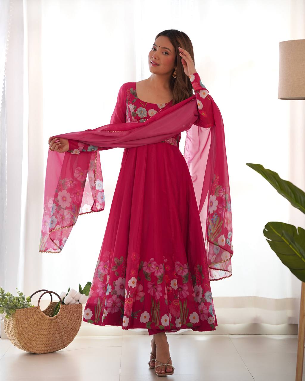 Pink Pure Soft Organja Silk Flower Position Outing Work Salwar Suit
