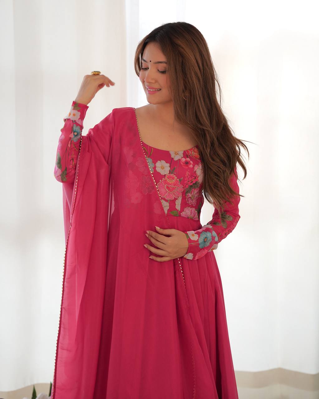 Pink Pure Soft Organja Silk Flower Position Outing Work Salwar Suit
