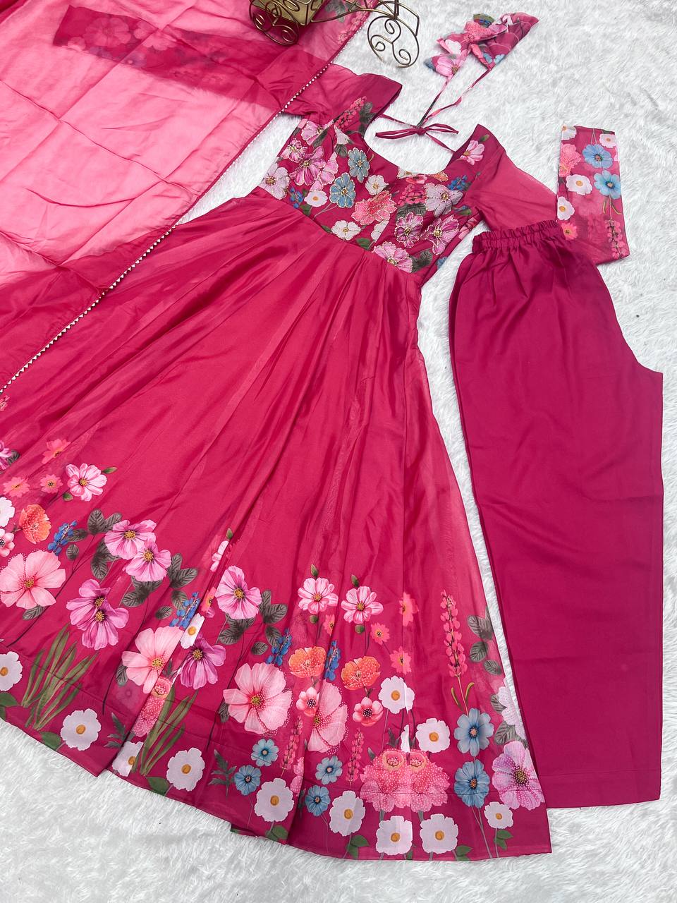 Pink Pure Soft Organja Silk Flower Position Outing Work Salwar Suit