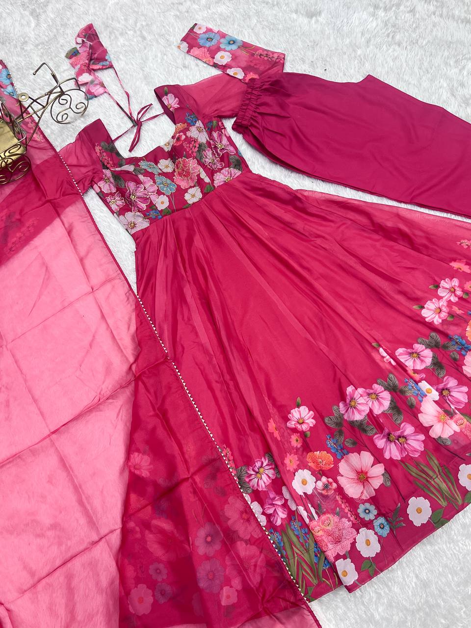 Pink Pure Soft Organja Silk Flower Position Outing Work Salwar Suit