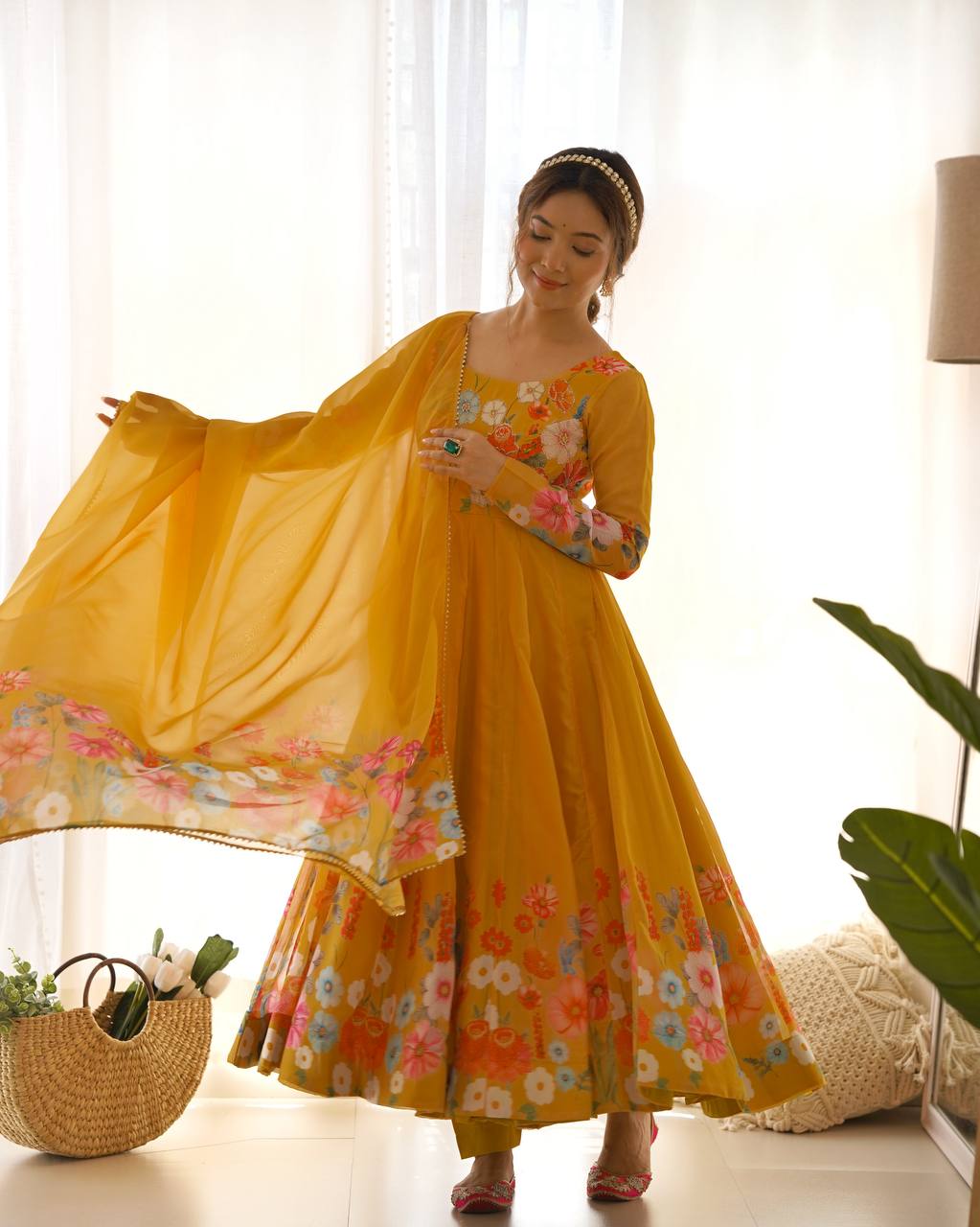 Yellow Pure Soft Organja Silk Flower Position Outing Work Salwar Suit