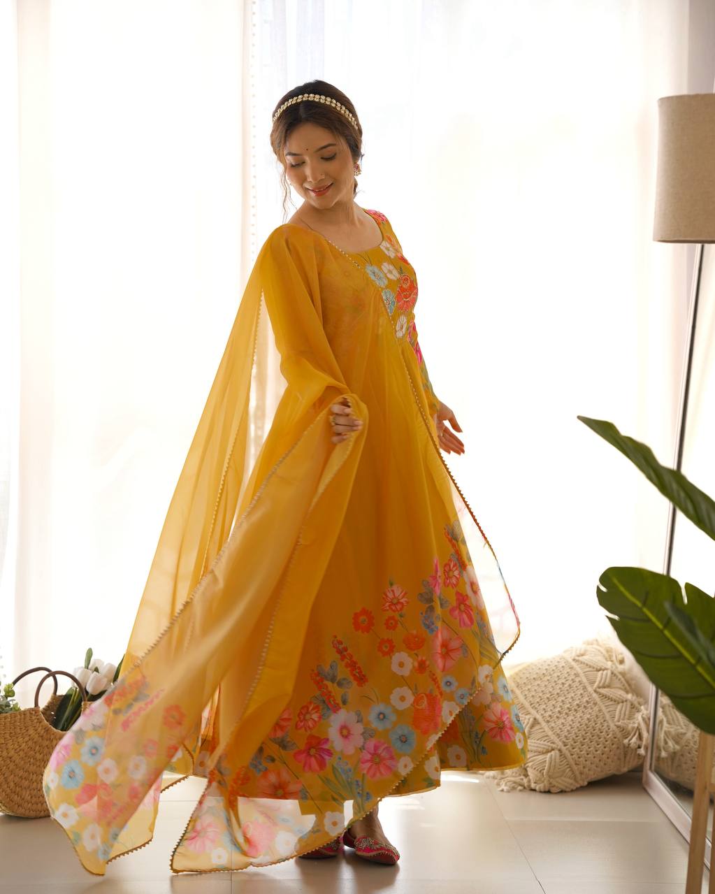 Yellow Pure Soft Organja Silk Flower Position Outing Work Salwar Suit