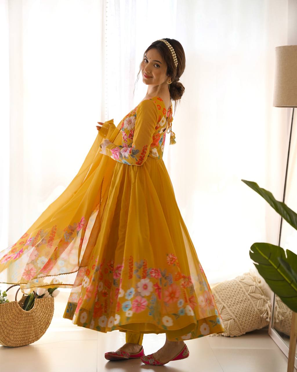 Yellow Pure Soft Organja Silk Flower Position Outing Work Salwar Suit
