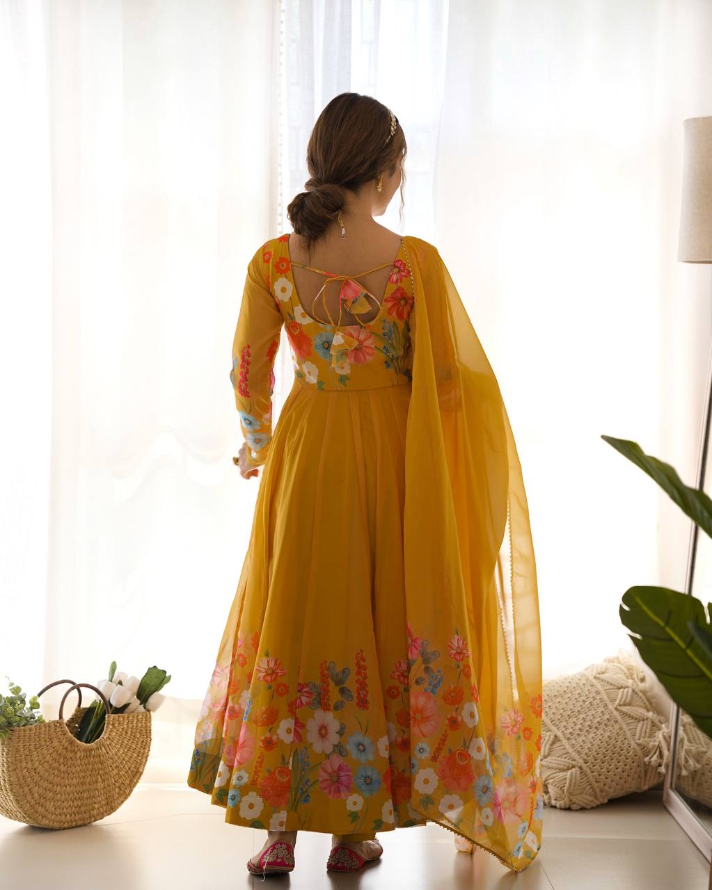 Yellow Pure Soft Organja Silk Flower Position Outing Work Salwar Suit