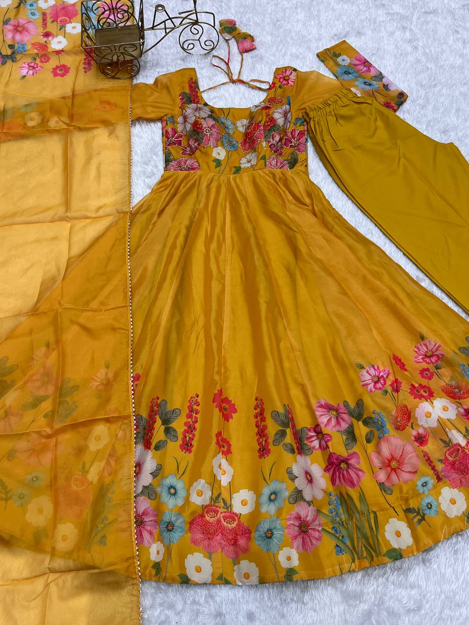 Yellow Pure Soft Organja Silk Flower Position Outing Work Salwar Suit