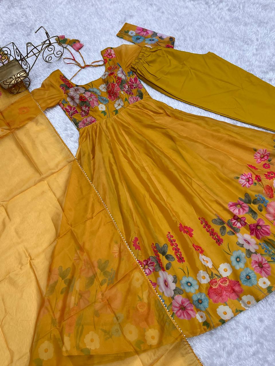 Yellow Pure Soft Organja Silk Flower Position Outing Work Salwar Suit