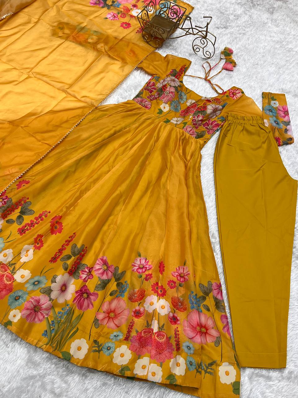 Yellow Pure Soft Organja Silk Flower Position Outing Work Salwar Suit