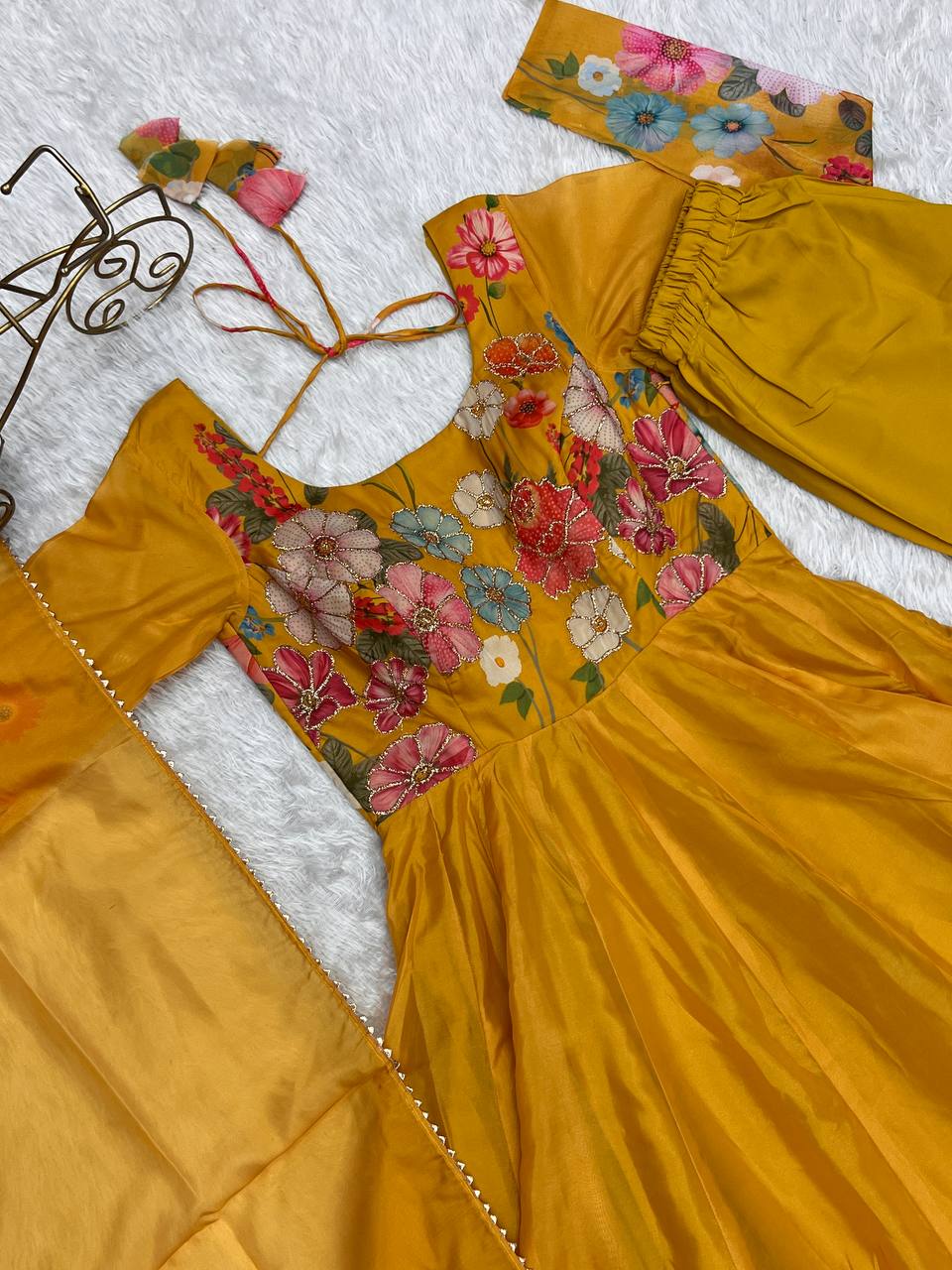 Yellow Pure Soft Organja Silk Flower Position Outing Work Salwar Suit