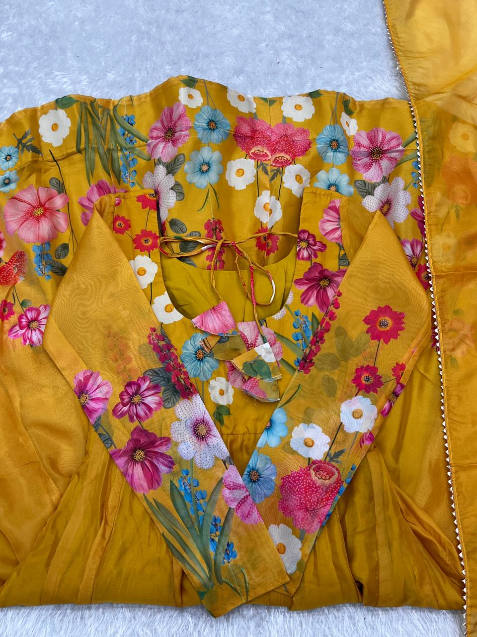 Yellow Pure Soft Organja Silk Flower Position Outing Work Salwar Suit