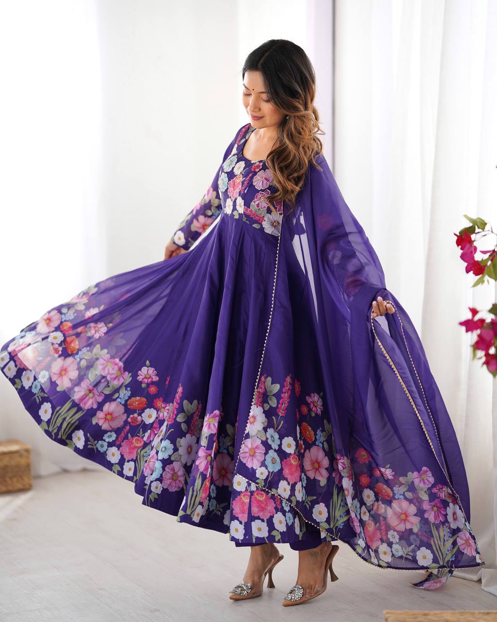 Purple Pure Soft Organja Silk Flower Position Outing Work Salwar Suit