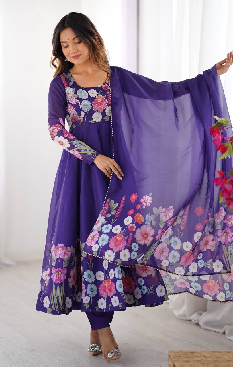 Purple Pure Soft Organja Silk Flower Position Outing Work Salwar Suit