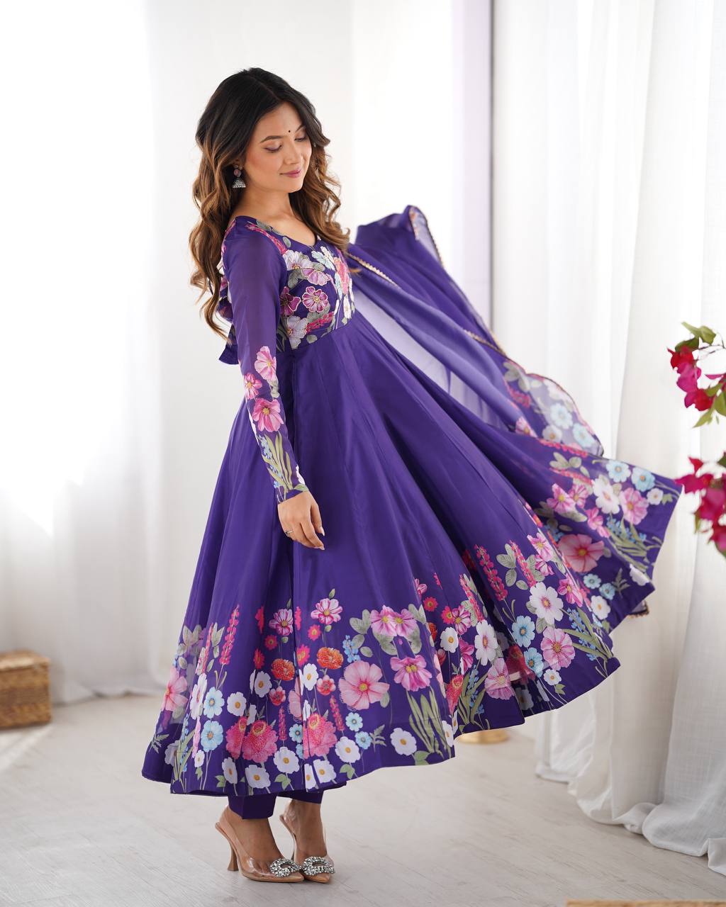 Purple Pure Soft Organja Silk Flower Position Outing Work Salwar Suit