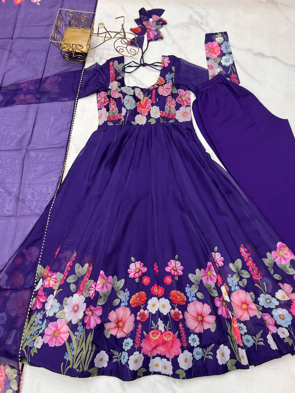Purple Pure Soft Organja Silk Flower Position Outing Work Salwar Suit