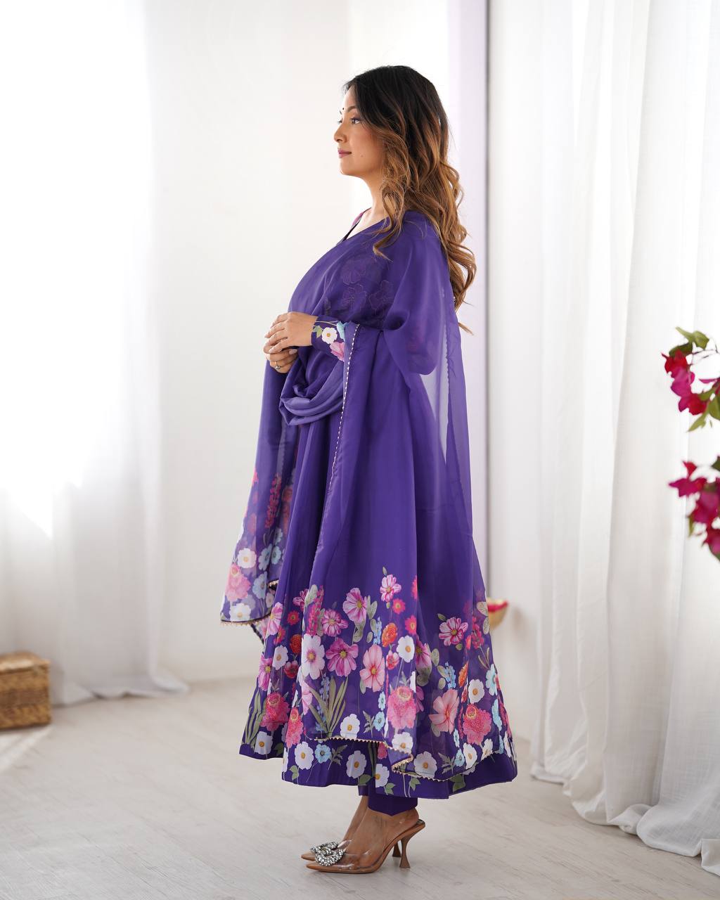Purple Pure Soft Organja Silk Flower Position Outing Work Salwar Suit