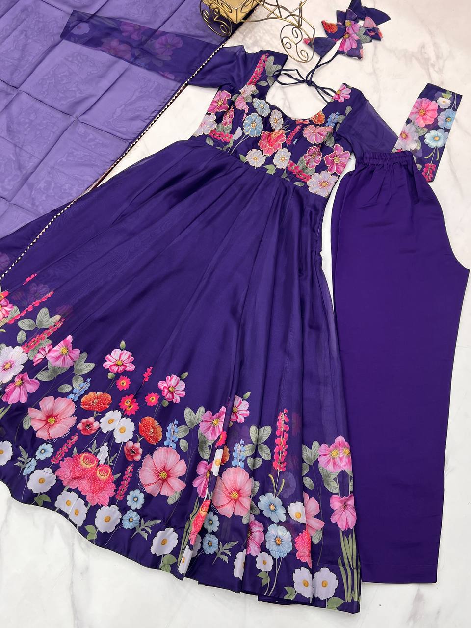 Purple Pure Soft Organja Silk Flower Position Outing Work Salwar Suit