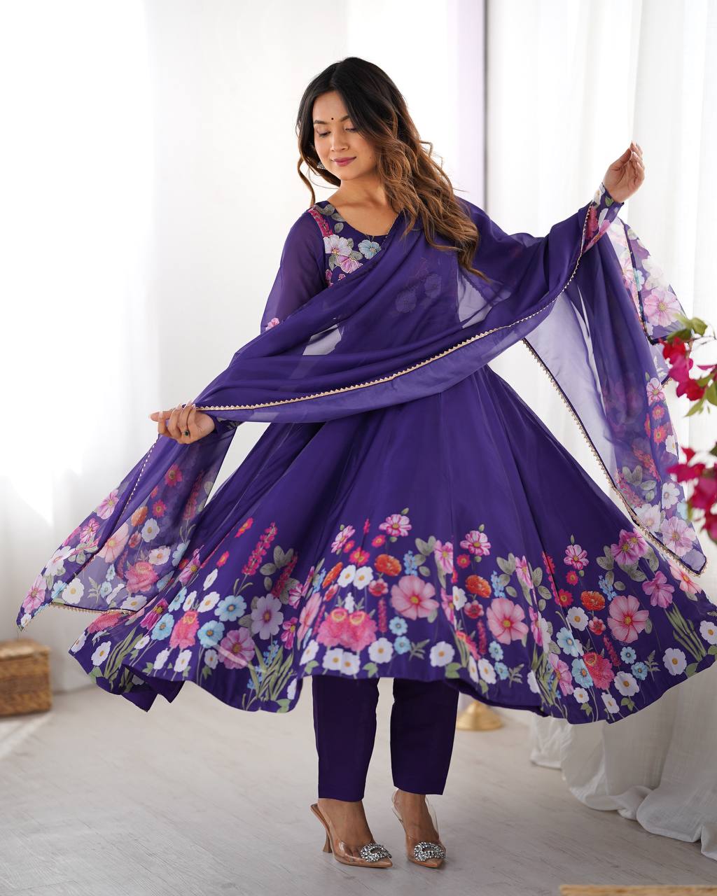Purple Pure Soft Organja Silk Flower Position Outing Work Salwar Suit