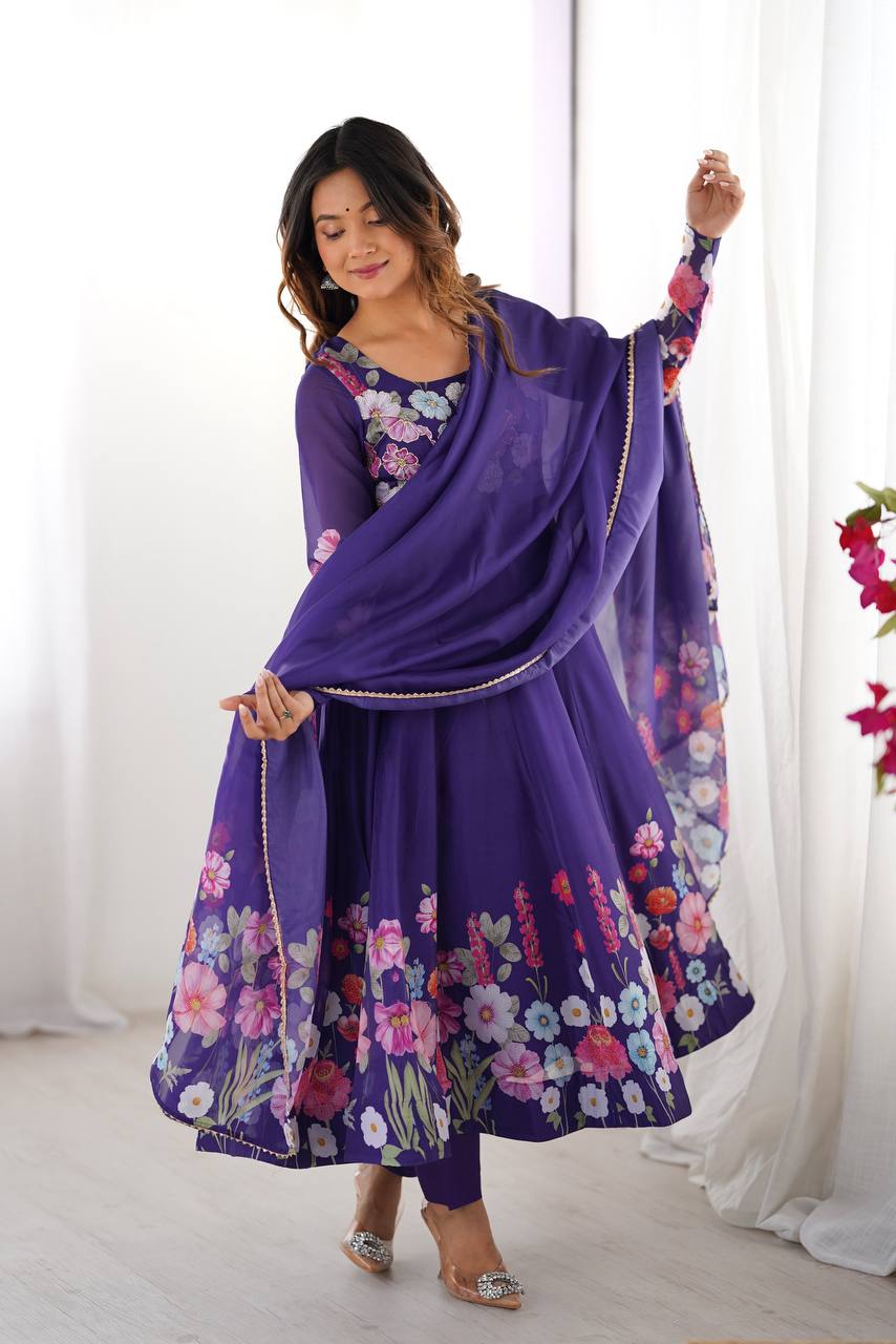 Purple Pure Soft Organja Silk Flower Position Outing Work Salwar Suit