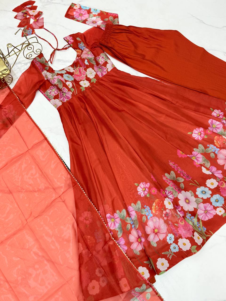 Rust Pure Soft Organja Silk Flower Position Outing Work Salwar Suit