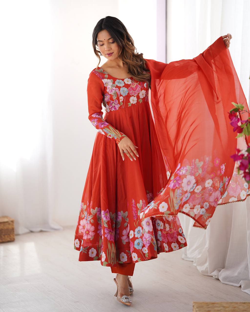 Rust Pure Soft Organja Silk Flower Position Outing Work Salwar Suit