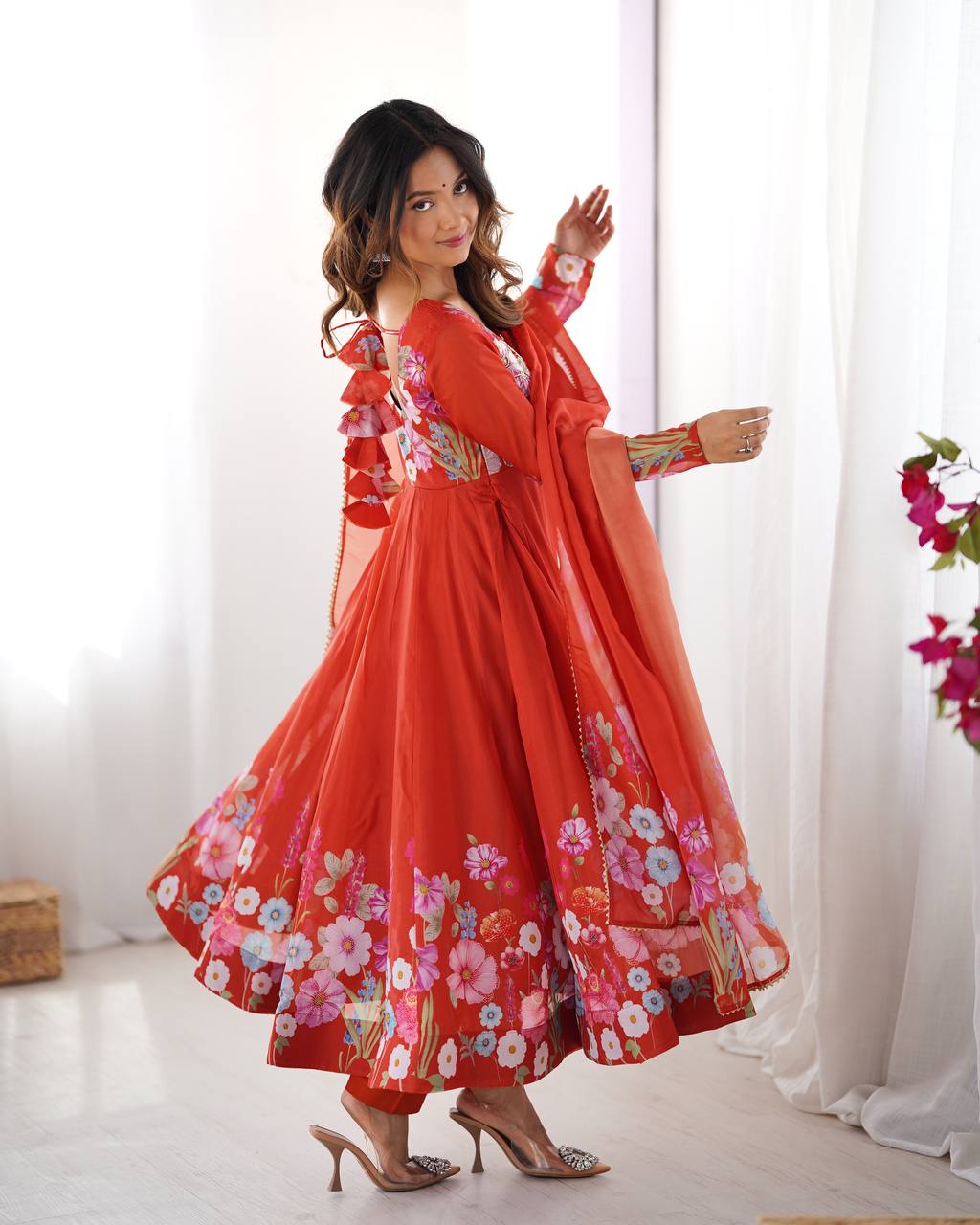 Rust Pure Soft Organja Silk Flower Position Outing Work Salwar Suit