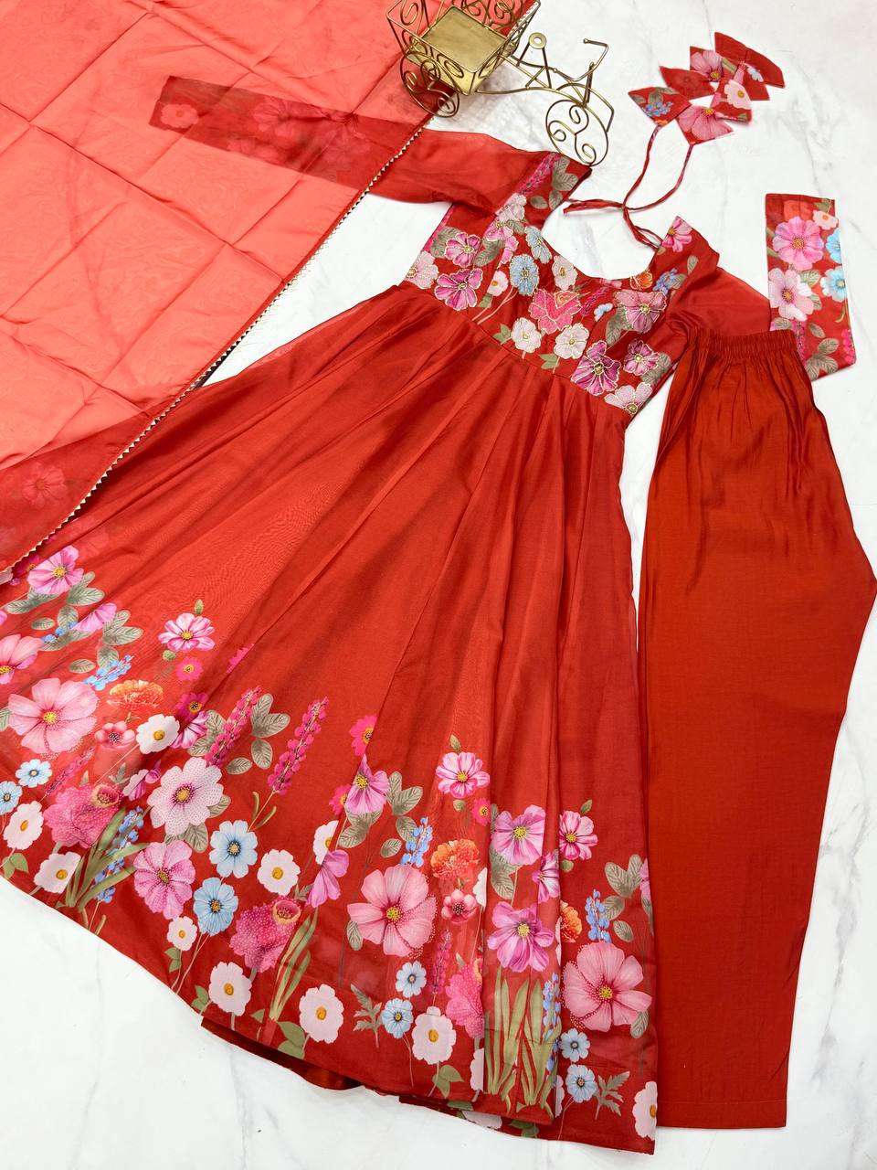 Rust Pure Soft Organja Silk Flower Position Outing Work Salwar Suit