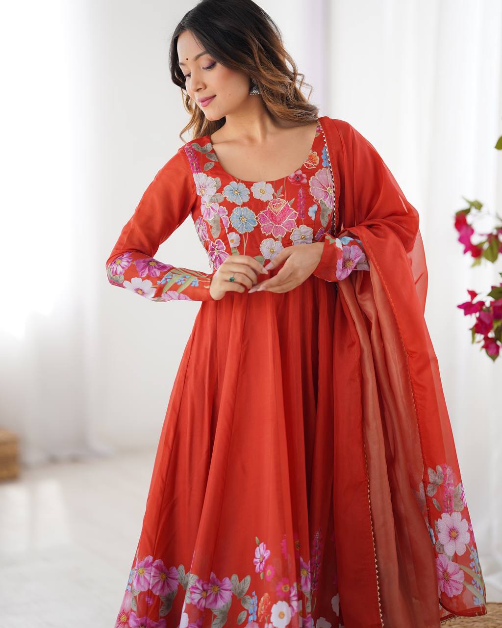 Rust Pure Soft Organja Silk Flower Position Outing Work Salwar Suit