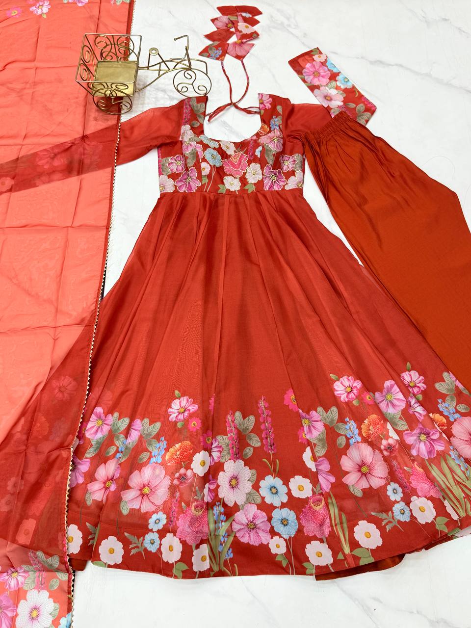 Rust Pure Soft Organja Silk Flower Position Outing Work Salwar Suit