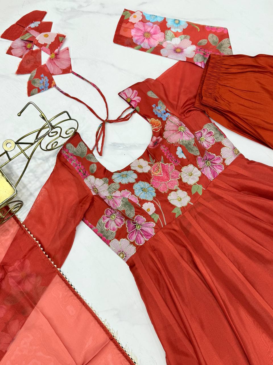 Rust Pure Soft Organja Silk Flower Position Outing Work Salwar Suit