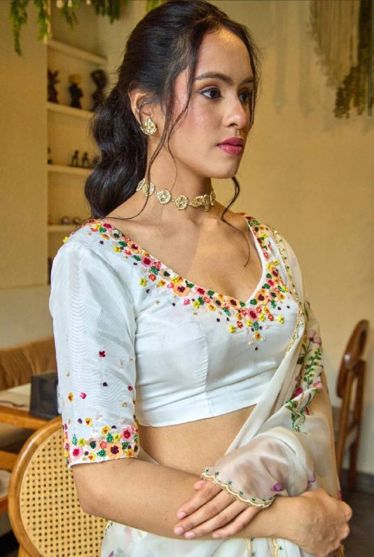 White Soft Organza Beautiful Floral Printed Classic Saree