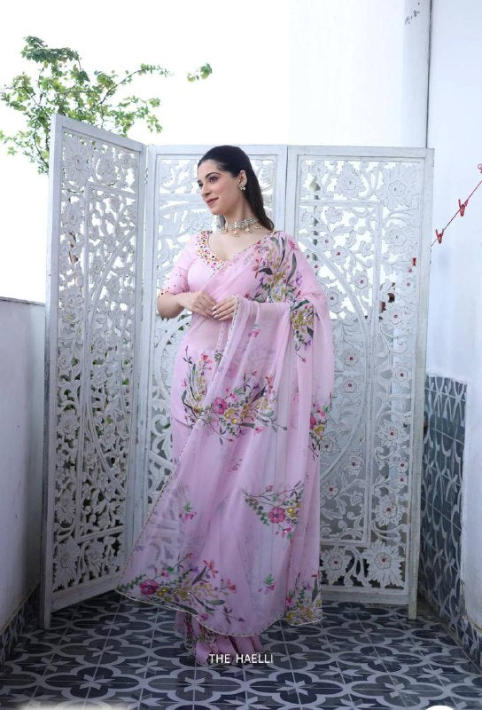 Pink Soft Organza Beautiful Floral Printed Classic Saree