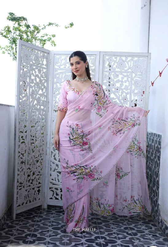 Pink Soft Organza Beautiful Floral Printed Classic Saree