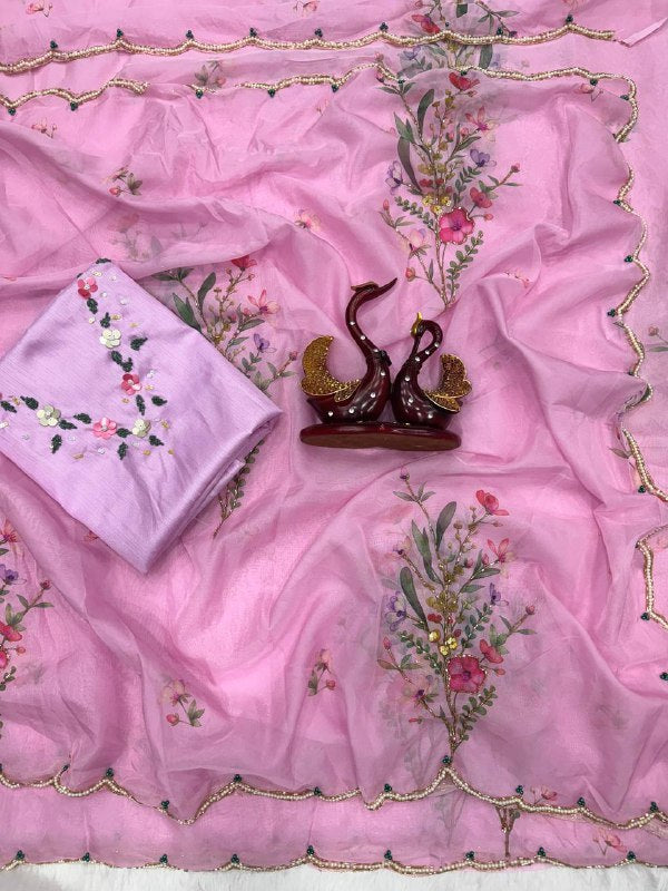 Pink Soft Organza Beautiful Floral Printed Classic Saree