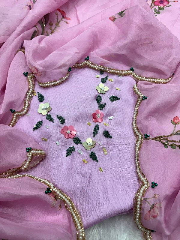 Pink Soft Organza Beautiful Floral Printed Classic Saree