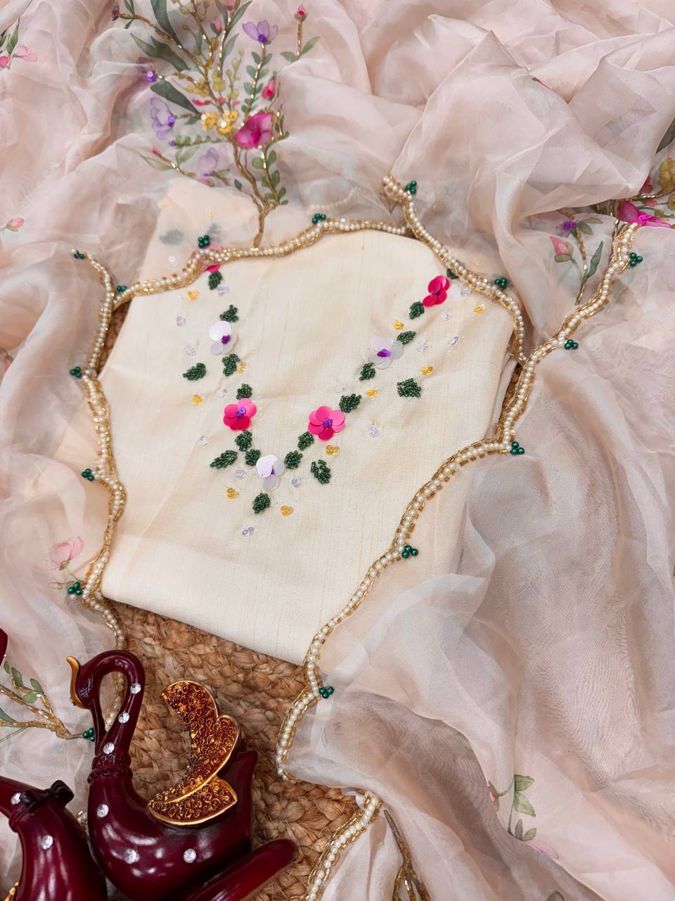 Peach Soft Organza Beautiful Floral Printed Classic Saree